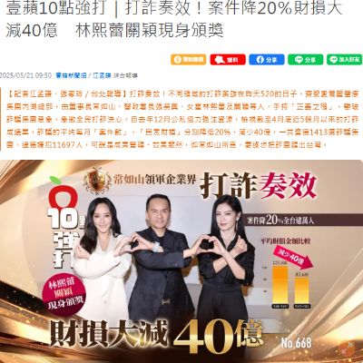 打詐奏效！案件降20％財損大減40億　林熙蕾關穎現身頒獎
